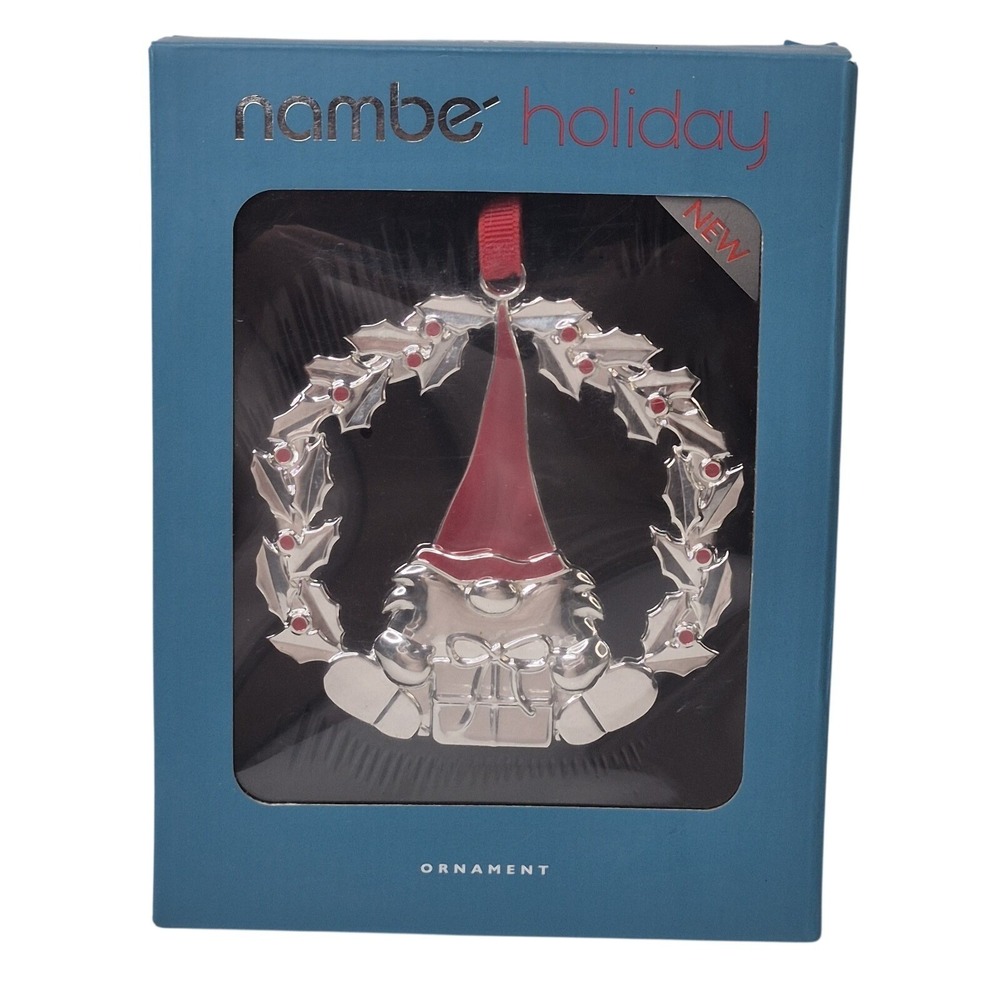 Nambe Gnome Ornament Nambé 2023 Red Hat & Holly‎ Wreath MT1697 Silverplate